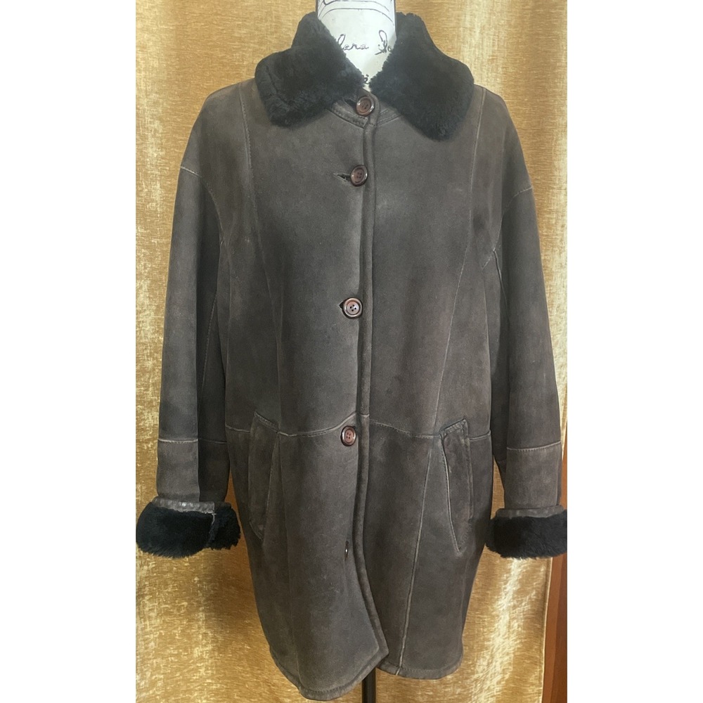 Womens Vintage Searle Dark Brown & Black Shearling and Suede Coat - Size M